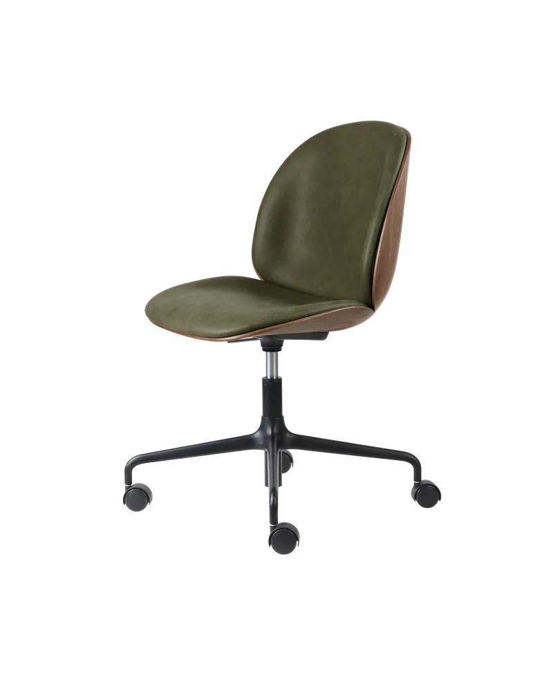 Beetle Meeting Chair, 3D Veneer & Front Upholstered by GUBI in Soft Leather, GUBI (Army, Standard), American Walnut Semi Matt Lacquered, Height adjustable 4-star base w. castors, Matt Black – product photo 3 of 3