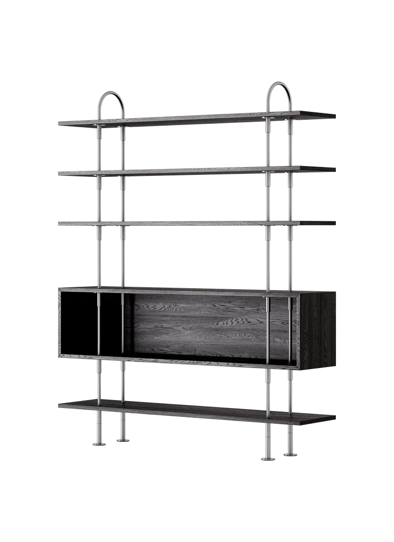 Keen Shelving System by GUBI in 160 cm, 198 cm – 4 Shelves & Box, Brown/Black Ash Veneer, Satin Stainless Steel – product photo