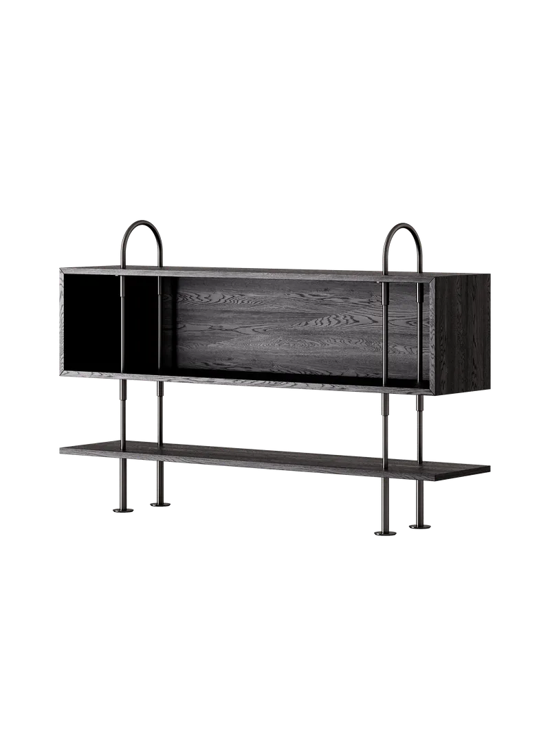 Keen Shelving System by GUBI in 160 cm, 105 cm – 1 Shelf & Box, Brown/Black Ash Veneer, Black Brass – product photo