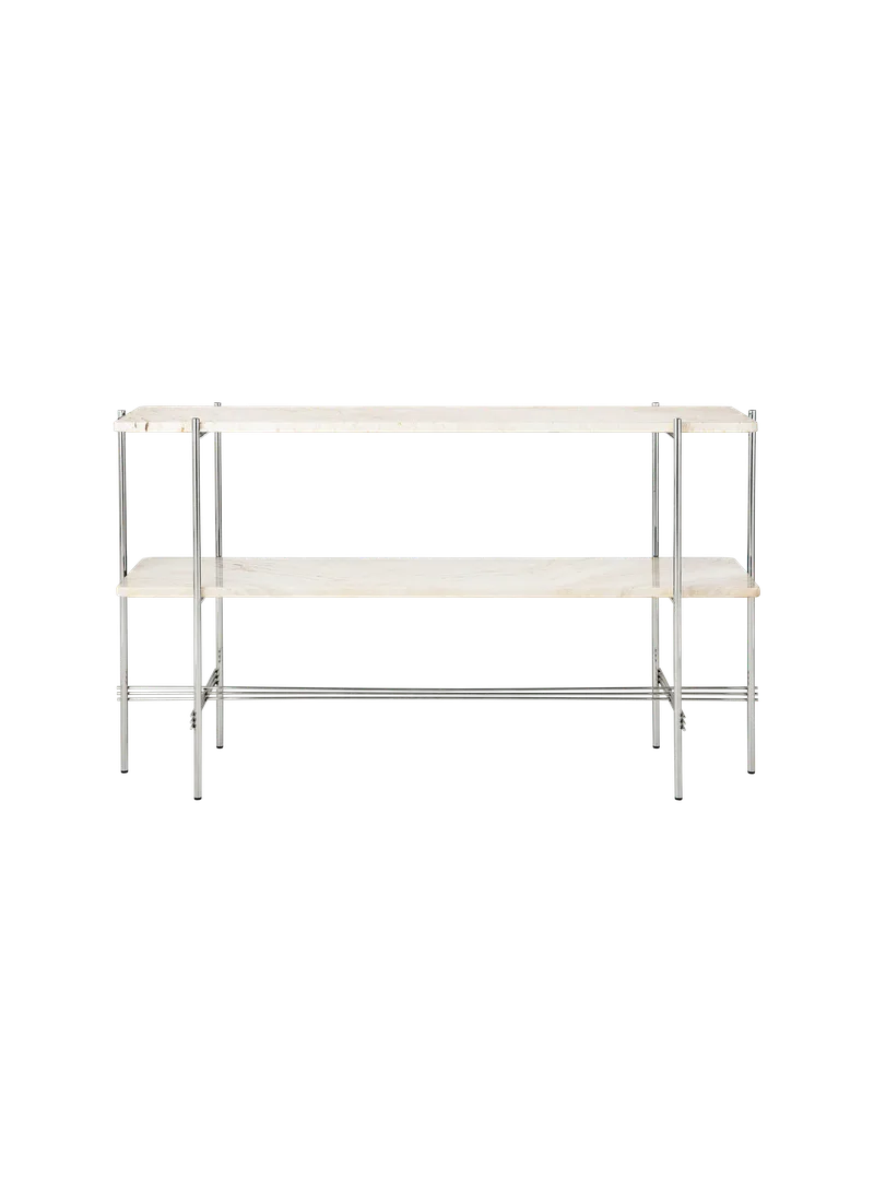 TS Console von GUBI in Neutral White Travertine, Polished Steel, 120 × 30 × 72 cm – Produktfoto