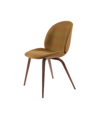 Beetle Dining Chair, Front Upholstered van GUBI in Kvadrat Sahco, Acca Stripe 0331, American Walnut, Amber Brown – productfoto 5 van 5