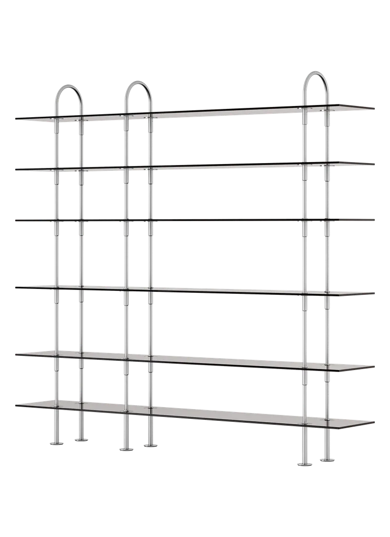 Keen Shelving System by GUBI in 208 cm, 198 cm – 6 Shelves, Smoked Tempered Glass, Satin Stainless Steel – product photo