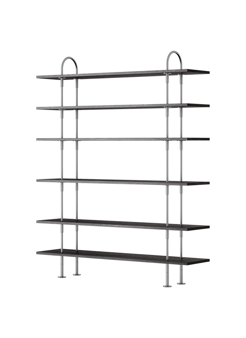 Keen Shelving System by GUBI in 160 cm, 198 cm – 6 Shelves, Brown/Black Ash Veneer, Satin Stainless Steel – product photo