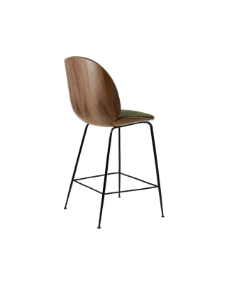 Beetle Counter Chair, 3D Veneer & Front Upholstered by GUBI in American Walnut Semi Matt Lacquered, Matt Black, Soft Leather, GUBI (Army, Standard) – product photo 2 of 4