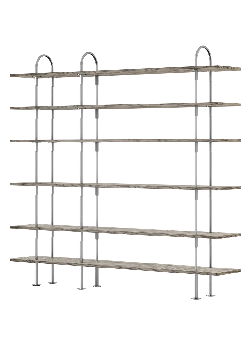 Keen Shelving System by GUBI in 208 cm, 198 cm – 6 Shelves, ALPI Sottsass Gray, Satin Stainless Steel – product photo