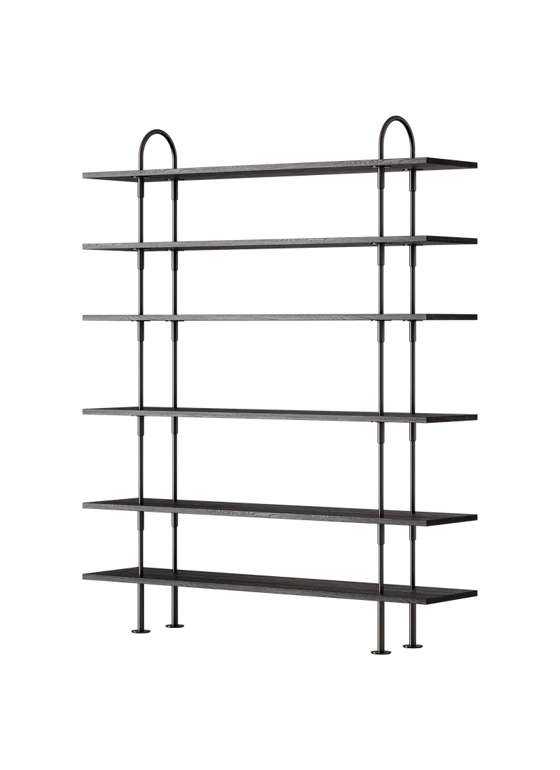 Keen Shelving System by GUBI in 160 cm, 198 cm – 6 Shelves, Brown/Black Ash Veneer, Black Brass – product photo