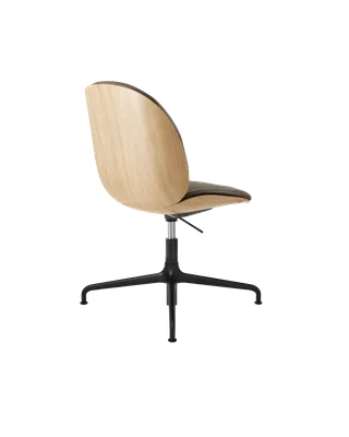 Beetle Meeting Chair, 3D Veneer & Front Upholstered by GUBI in Soft Leather, GUBI (Gray, Standard), Oak Semi Matt Lacquered, Height adjustable 4-star base, Matt Black – product photo 2 of 3