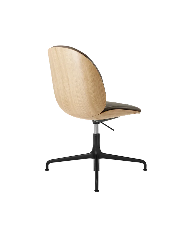 Beetle Meeting Chair, 3D Veneer & Front Upholstered by GUBI in Soft Leather, GUBI (Gray, Standard), Oak Semi Matt Lacquered, Height adjustable 4-star base, Matt Black – product photo 2 of 3
