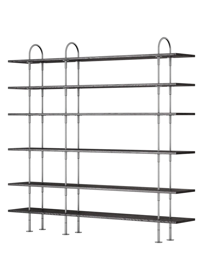 Keen Shelving System by GUBI in 208 cm, 198 cm – 6 Shelves, Brown/Black Ash Veneer, Satin Stainless Steel – product photo