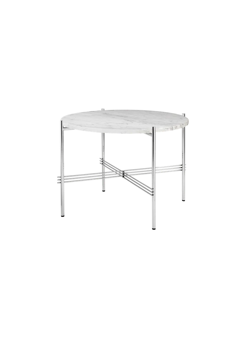 TS Coffee Table, Round van GUBI in White Carrara Marble, Polished Steel, Ø55 cm – productfoto