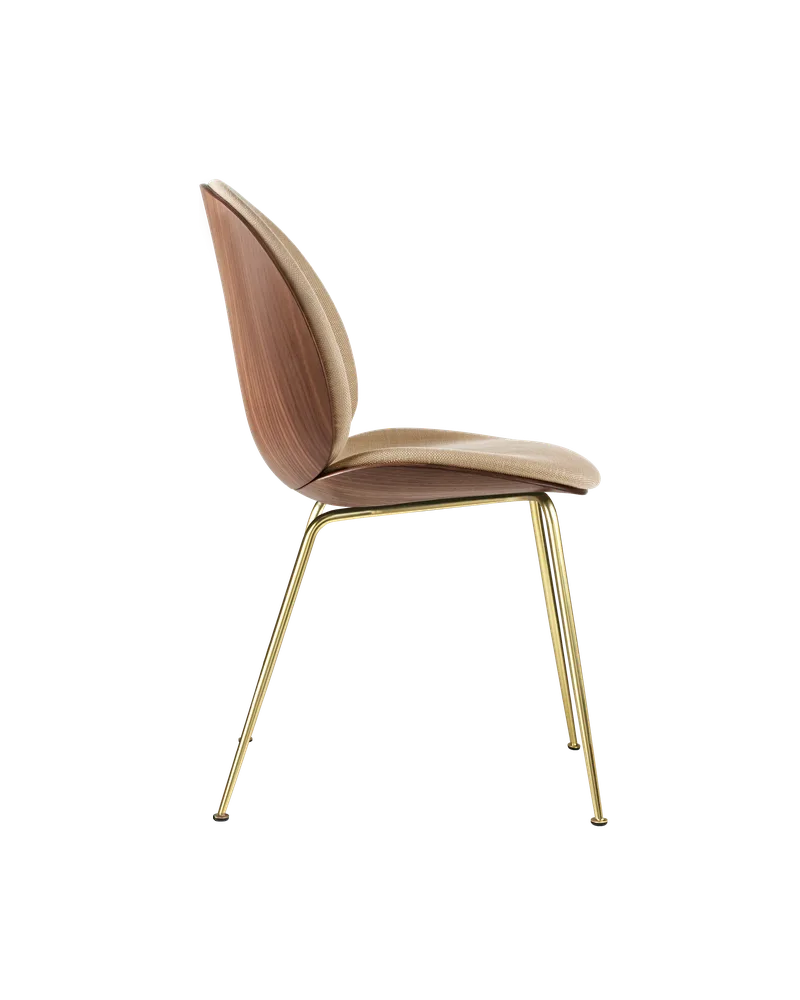 Beetle Dining Chair, 3D Veneer & Front Upholstered by GUBI in Flair Special FR, Dedar (134, Standard), Brass Semi Matt, American Walnut Semi Matt Lacquered, EU – product photo 1 of 3
