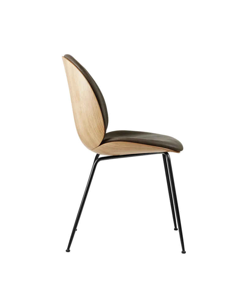 Beetle Dining Chair, 3D Veneer & Front Upholstered by GUBI in Soft Leather, GUBI (Gray, Standard), Matt Black, Oak Semi Matt Lacquered, EU – product photo 1 of 3
