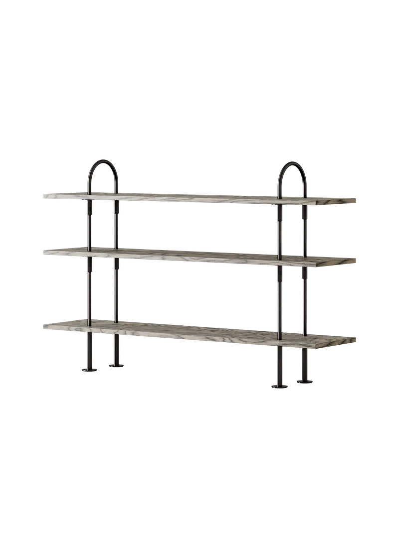 Keen Shelving System by GUBI in 160 cm, 105 cm – 3 Shelves, ALPI Sottsass Gray, Black Brass – product photo