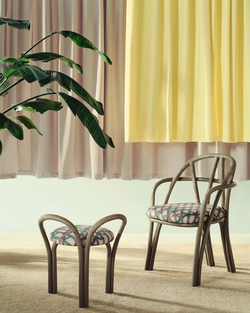 Bistra Dining Armchair by GUBI in Reales Pattern, GUBI (001, Standard), Olive Stained Rattan – interior photo 3 of 7