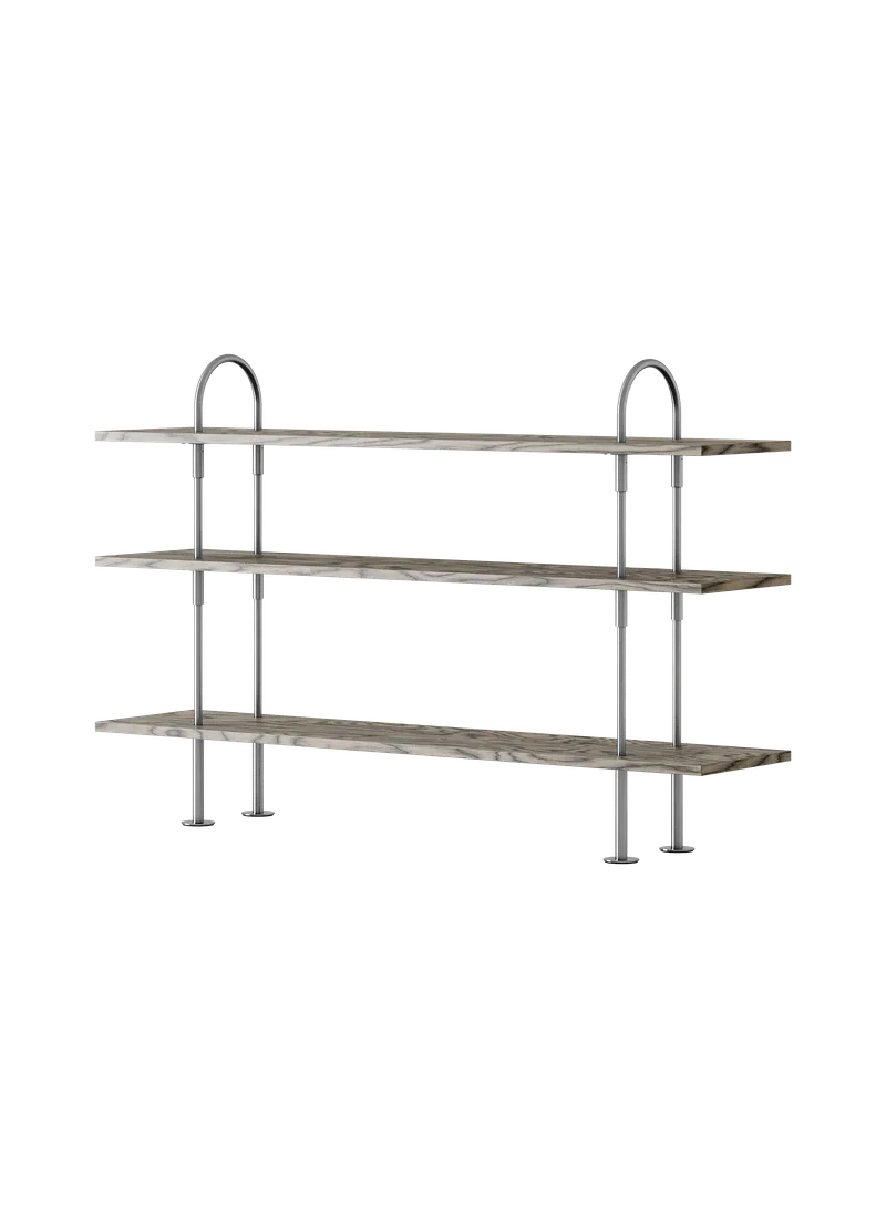 Keen Shelving System by GUBI in 160 cm, 105 cm – 3 Shelves, ALPI Sottsass Gray, Satin Stainless Steel – product photo