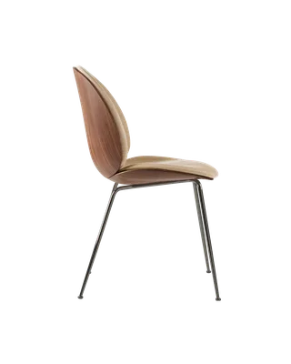 Beetle Dining Chair, 3D Veneer & Front Upholstered by GUBI in Flair Special FR, Dedar (134, Standard), Black Chrome, American Walnut Semi Matt Lacquered, GLOBAL – product photo 1 of 8