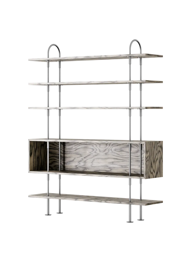 Keen Shelving System by GUBI in 160 cm, 198 cm – 4 Shelves & Box, ALPI Sottsass Gray, Satin Stainless Steel – product photo