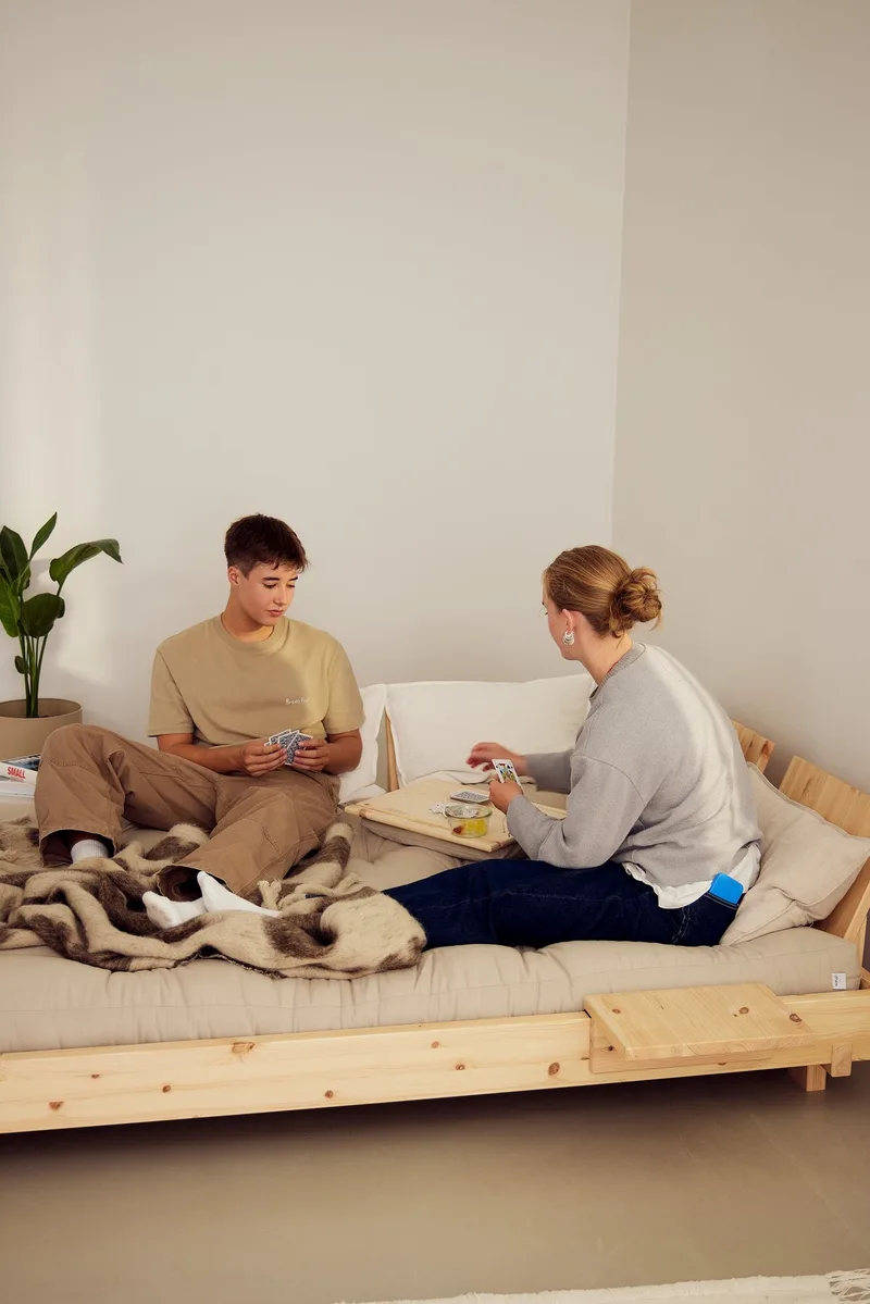 SOCIAL SOFA BED CLEAR LAC 140 X 200 W. 4 PCS BACK RESTS AND 2 PCS SIDE TABLES W. FRESH MATTRESS MOCCA by Karup Design – interior photo 15 of 20