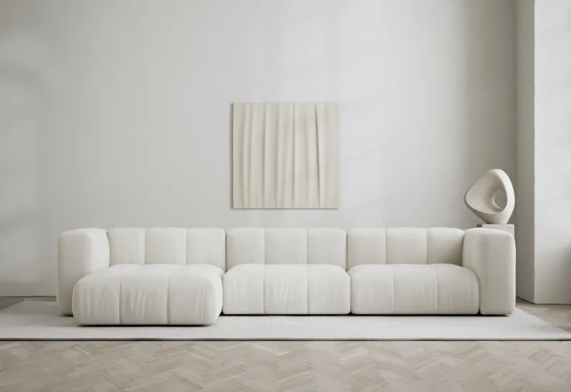 Cecco 3-sits soffa med divan vänster de LAYERED en Linen Look Bone White – photo d’ambiance