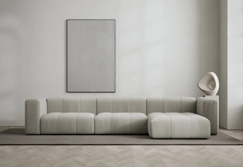 Cecco 3-sits soffa med divan höger by LAYERED in Linen Look Cold Clay – interior photo