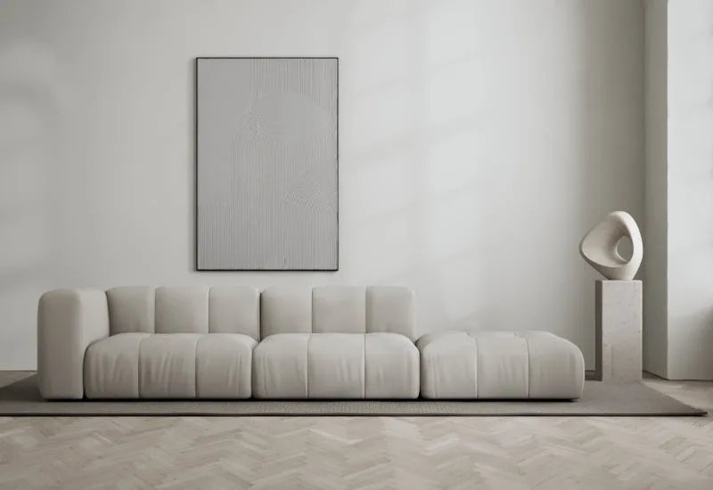 Cecco 3-sits soffa öppen höger van LAYERED in Linen Look True Greige – sfeerfoto
