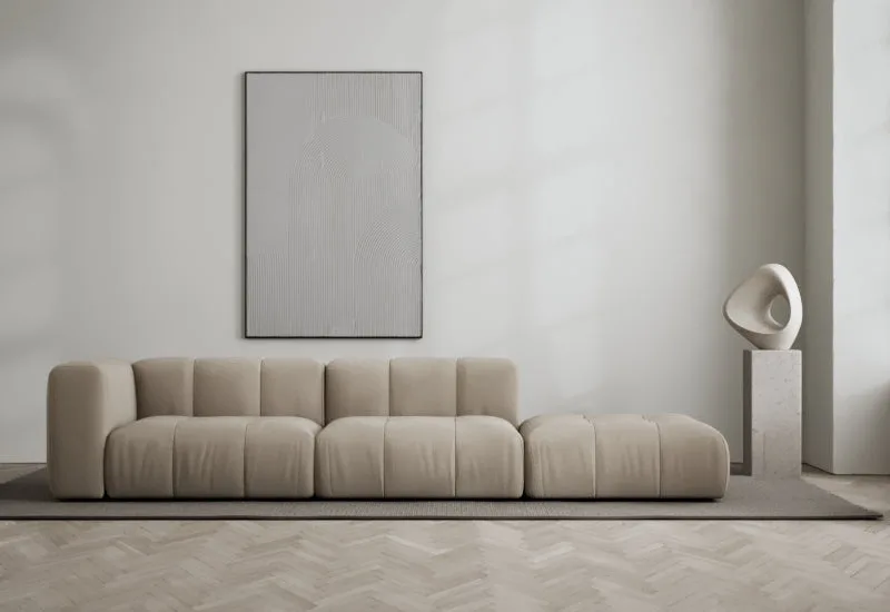 Cecco 3-sits soffa öppen höger van LAYERED in Bouclé Warm Clay – sfeerfoto