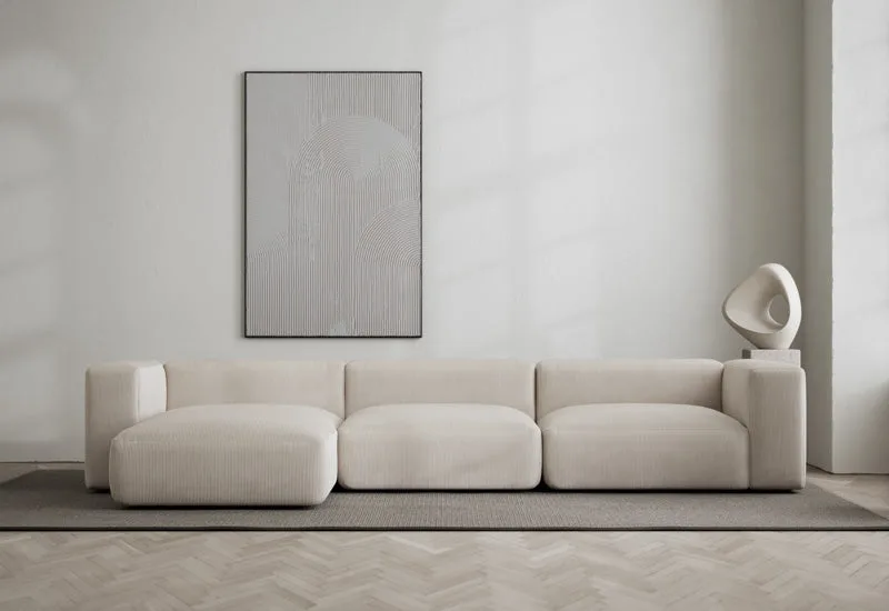 Rosso 3-sits soffa med divan vänster by LAYERED in Cord Fresh Pearl Grey – interior photo