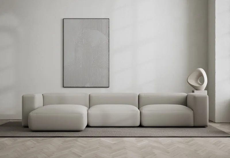Rosso 3-sits soffa med divan vänster van LAYERED in Linen Look True Greige – sfeerfoto