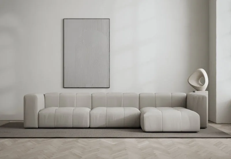 Cecco 3-sits soffa med divan höger de LAYERED en Linen Look True Greige – photo d’ambiance