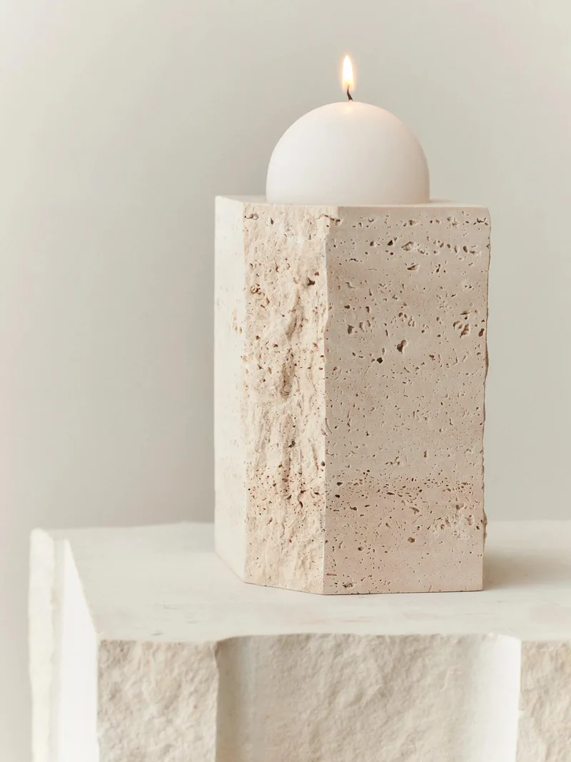 GALLERY OBJECT CANDLE HOLDER TALL van LOUISE ROE in Beige Travertine – productfoto