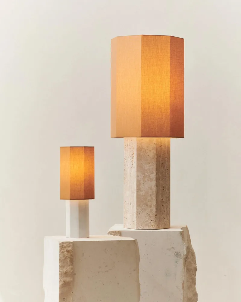 EIGHT OVER EIGHT LAMP LARGE by LOUISE ROE in Travertine, Brass Colored – product photo
