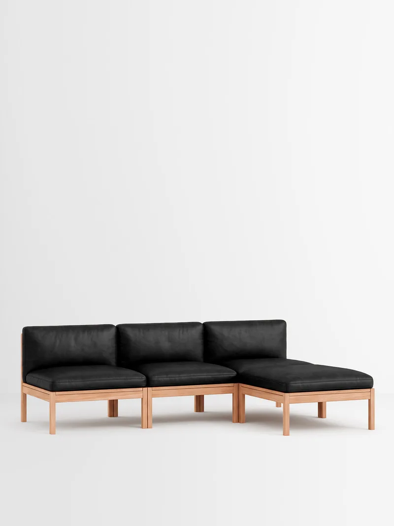 3 Seater Sofa with Chaise Longue de MOEBE en Leather, Black Leather, Oak – photo du produit 33 sur 33