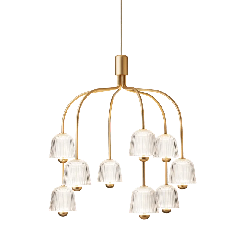Asteea 9 Lysekrone, satin brass / ripple clear van Nuura – productfoto