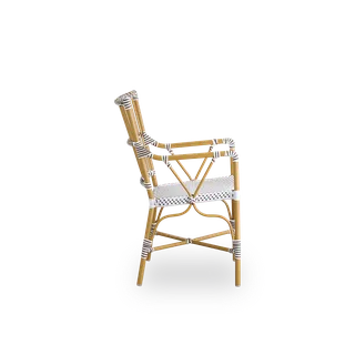 Monique Exterior Dining Armchair by Sika-Design in Almond aluminium frame, White w/ cappuccino dot ArtFibre, None – product photo 1 of 2