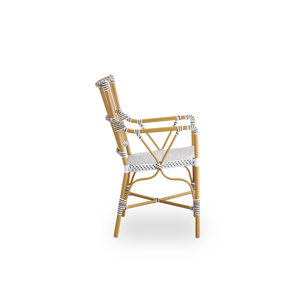 Monique Exterior Dining Armchair by Sika-Design in Almond aluminium frame, White w/ cappuccino dot ArtFibre, None – product photo 1 of 2