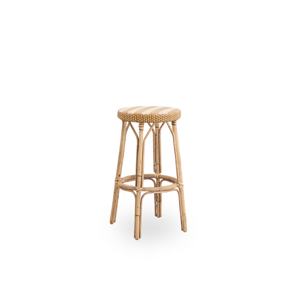 Simone Bar Stool by Sika-Design in Striped – Honey & Ivory ArtFibre, Skin on – Rattan frame – product photo