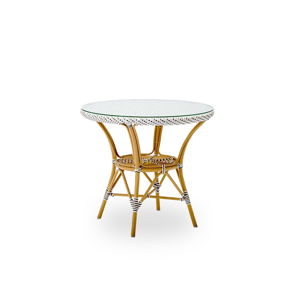 Danielle Exterior Café Table by Sika-Design in Almond aluminium frame, White w/ cappuccino dot ArtFibre, Safety Glass – product photo