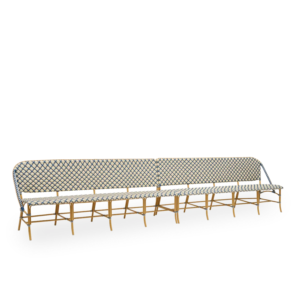 Sofie Exterior 8-Seater Bench by Sika-Design in Almond aluminium frame, Starweave – Ivory & Navy blue & Cappuccino ArtFibre – product photo