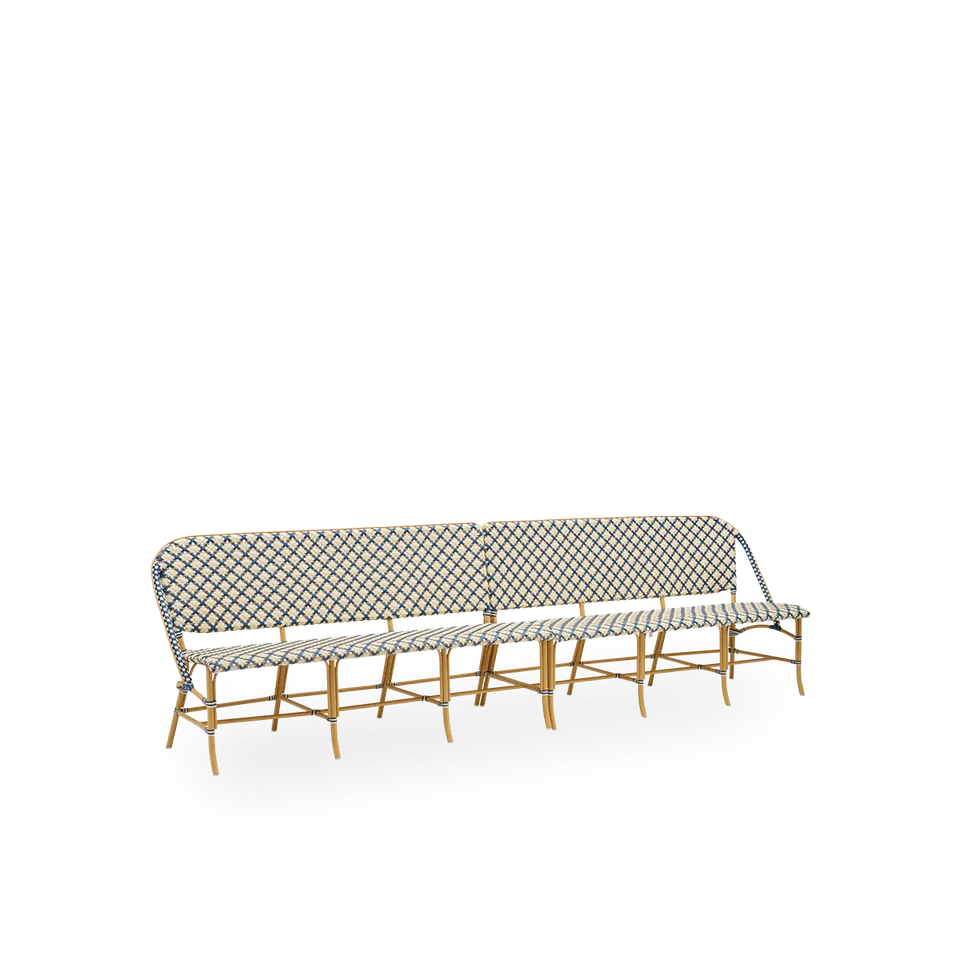 Sofie Exterior 6-Seater Bench de Sika-Design en Almond aluminium frame, Starweave – Ivory & Navy blue & Cappuccino ArtFibre – photo du produit