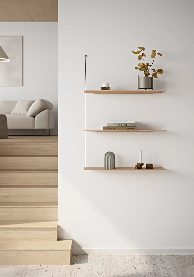 Stedge Hylde by WOUD in 80 cm, Messing, Hvidpigmenteret eg (3 hylder) – interior photo 2 of 3
